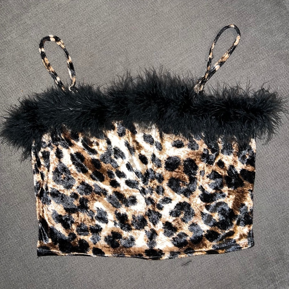 Bear Dance Soft Velour Leopard Tube Top with Marabou Trim - Large